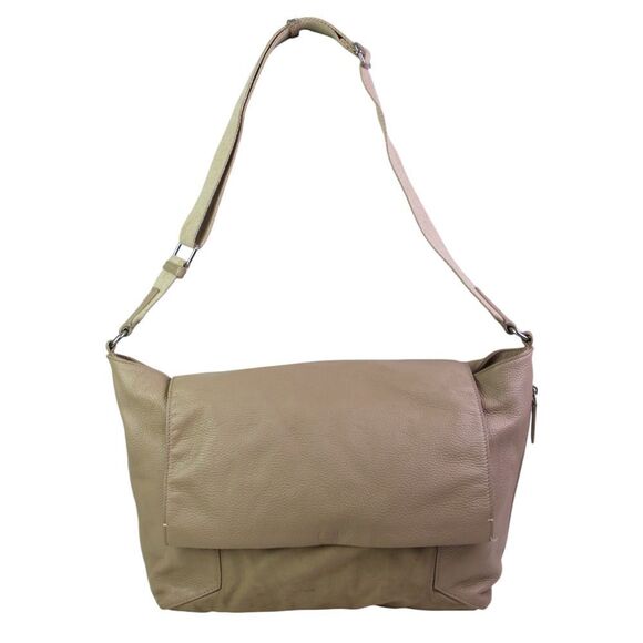 LRG FEM BEIGE TAUPE GENUINE LEATHER FLAP SHOULDER BAG X-BODY HANDBAG HOBO PURSE - Picture 1 of 16